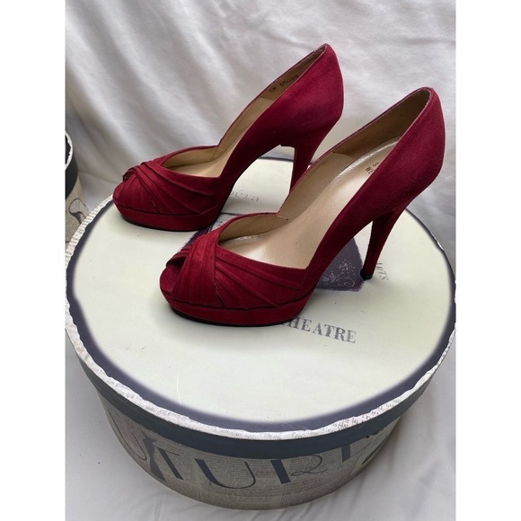 Stuart Weitzman Red Suede  Peep Toe Heels - Picture 4 of 9
